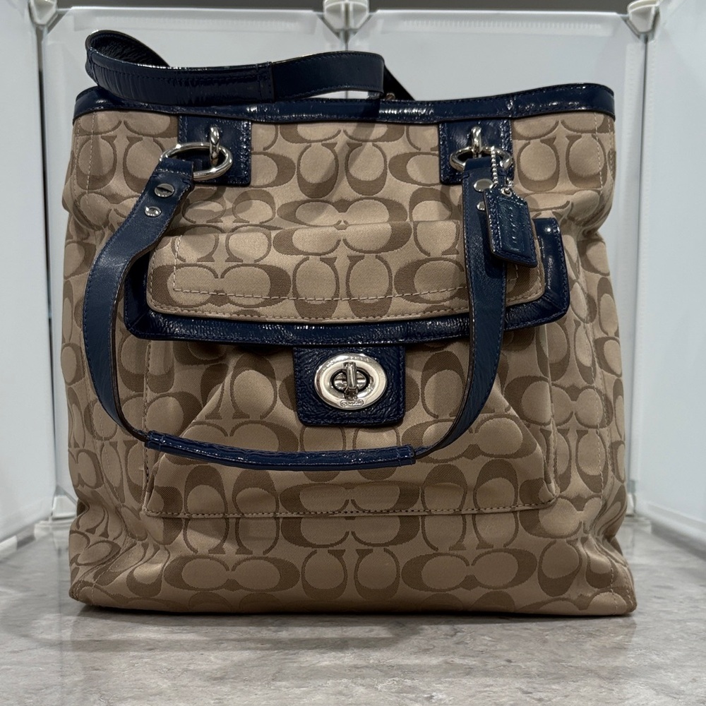 Coach Penelope Tan and Navy Signature Tote with Leather and Silver accents